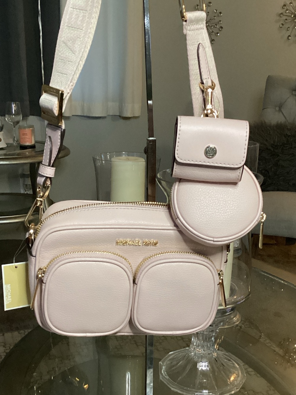 Michael Kors Light Pink Leather Crossbody with Detachable Pouch Set